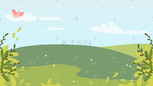 拍动翅膀的小鸟插画图片_绿色系唯美春天草坪天空云朵草地植物背景