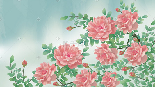 粉色月季花丛山水繁花淡墨风景