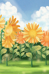 黄色小花朵插画图片_夏日小清新花朵向日葵云朵天空背景