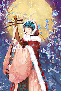 国潮梅花标插画图片_大雪古风雪景琵琶女孩梅花