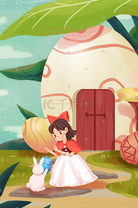 蘑菇房子插画图片_复活节兔子少女兔子卡通人物小清新插画