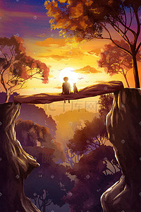 天空、紫色插画图片_秋天夕阳男孩与小猫治愈山谷天空云太阳大雁背景