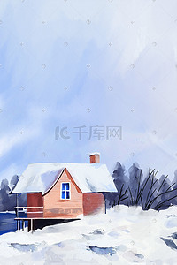 冬天下雪背景插画图片_冬天下雪雪地房屋湖边树林背景