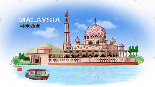 位置gif插画图片_马来西亚清真寺地标