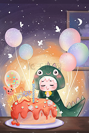 生日快乐小恐龙气球生日蛋糕