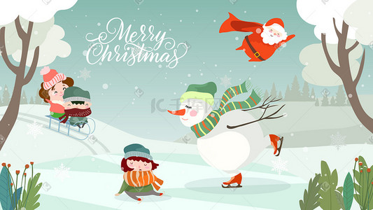 矢量儿童插画图片_圣诞节圣诞雪人溜冰矢量扁平插画圣诞