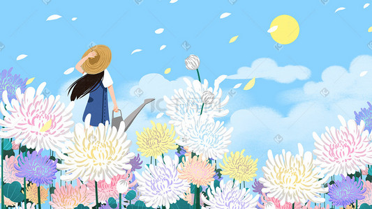 风树叶风插画图片_蓝色系卡通手绘风立秋菊花节气配图