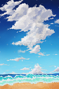 蓝色海滩背景插画图片_夏天蓝色天空蓝天云海边海浪海积云风景背景