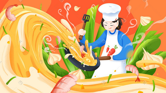 法式大餐插画图片_黄色矢量扁平厨师做大餐