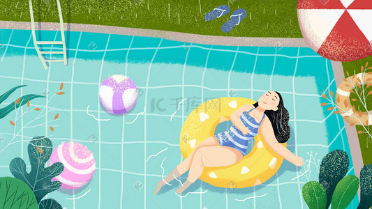 夏天立夏池塘泳圈泳池少女清凉手绘风格插画