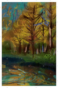 油画复古笔触质感森林树木池塘风景老旧