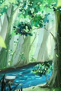 厚涂夏天夏季绿色树林森林树草地溪流河插画背景