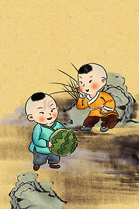 黄色系中国风古风水墨童趣石头儿童背景