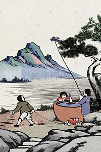 灰色插画图片_灰色系中国风古风水墨山脉石头儿童玩耍背景