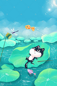 的鱼插画图片_处暑荷塘钓鱼的小猫插画