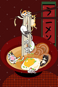 拉面俯瞰插画图片_日本美食可爱拉面猫