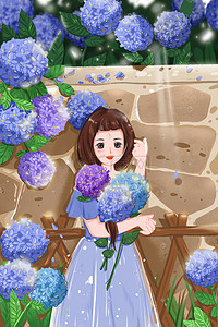 绣球logo插画图片_怀抱绣球花赏花的女孩