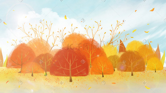 暖色插画图片_暖色秋季金色风景