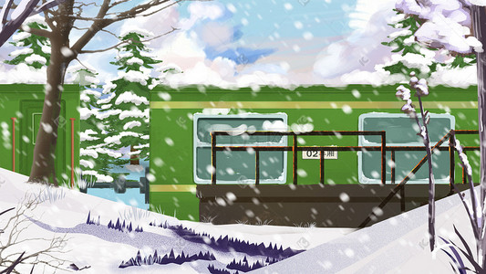 过年大雪插画图片_大雪冬季火车春运大树雪地过年元旦新年