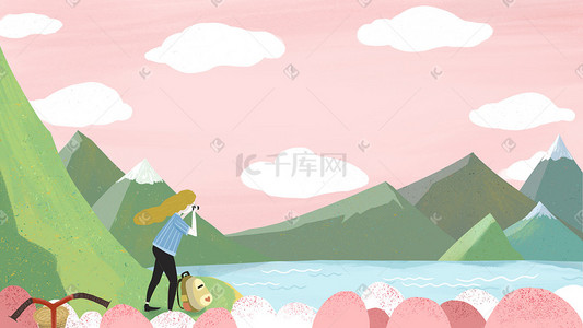 拍摄藏族插画图片_五一出游拍摄风景的金发少女
