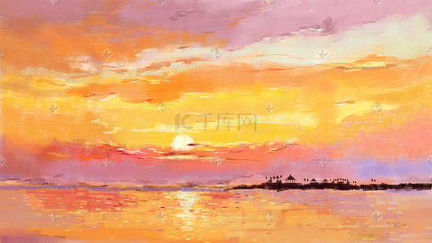 油画夕阳下的海岛