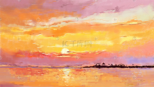 油画笔触树插画图片_油画夕阳下的海岛