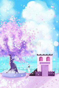 紫色系梦幻唯美治愈天空树木房屋背景
