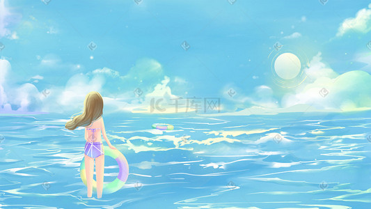 夏季海插画图片_蓝色唯美卡通夏季海边玩水眺望远方配图