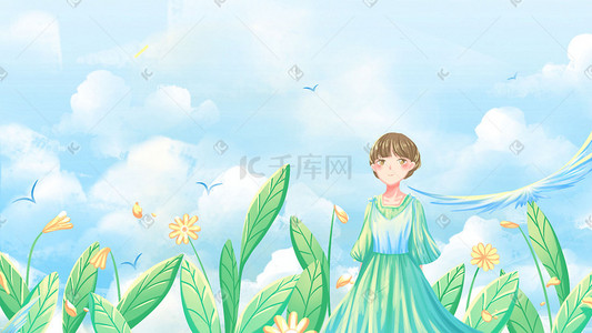 处暑美图插画图片_绿色唯美卡通治愈清新夏季夏景少女赏景配图