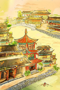 风中树木插画图片_新中国风古代风景