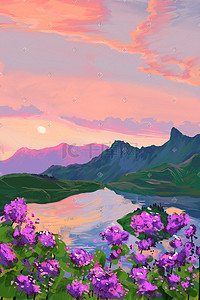 油油画插画图片_油画风景夕阳下的野外美景