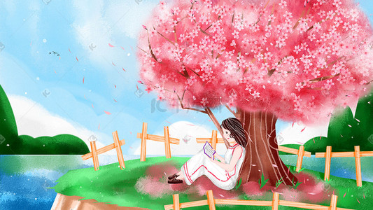 手绘唯美樱花树下看书女孩插画