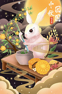 中秋节兔子月亮插画图片_中秋节团圆月亮兔子做月饼配图中秋