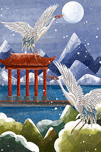 大雪背景插画图片_冬季风景手绘插画背景