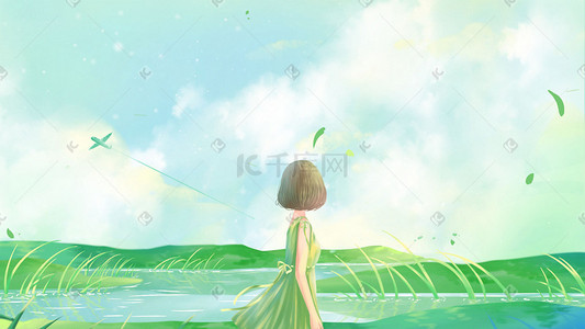 唯美湖水插画图片_绿色唯美小清新卡通夏季立夏夏天风景配图