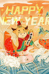 2021年新年插画图片_新年春节2021年国潮风牛年大吉插画