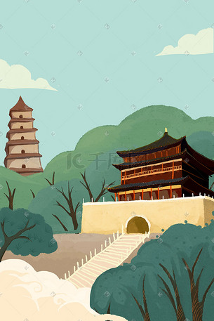 西安城市建筑插画-西安城市建筑配图-千库网