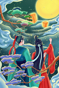 七夕牛郎织女鹊桥插画图片_七夕节牛郎织女相会中国风背景