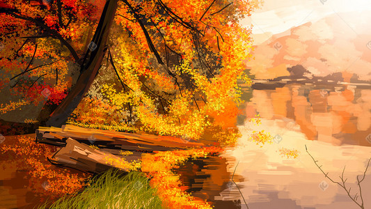 阳光下的树林插画图片_阳光下的湖边风景
