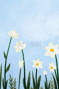 白色的草插画图片_天空下的白色花朵小清新