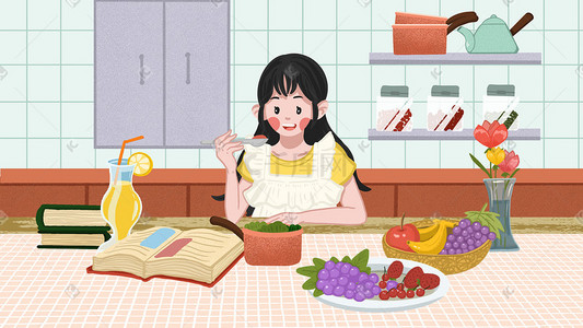 养生之道宣传图插画图片_养生生活做健康餐的女生