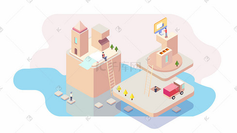 城市生活粉色科技2.5D扁平矢量插画科技