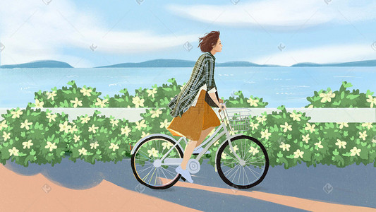 页面小插画图片_夏天小清新海边少女骑单车立夏风景