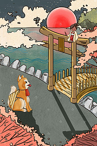 和风海浪插画图片_浮世绘和风日式国风女孩和秋田犬神社插画