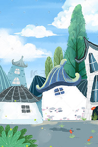 卡通建筑屋子插画图片_卡通手绘房屋屋子农村环境建筑