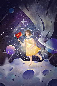 中国航天日太空里的女孩小清新插画