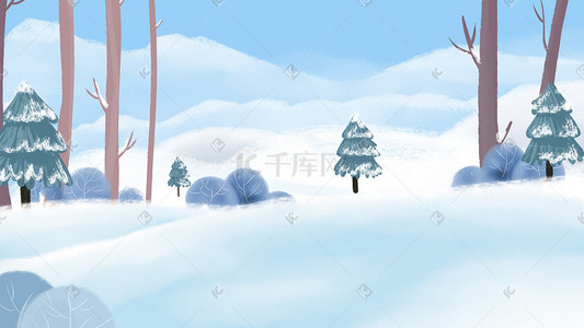 冬日背景插画图片_蓝色系治愈冬季雪天树木积雪背景