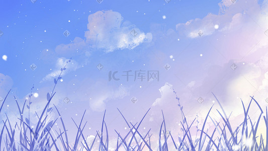 冬天蓝色唯美卡通治愈天空蓝天云草下雪雪花草地野外背景