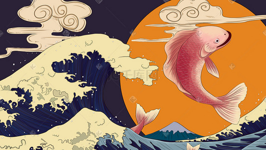 祥云鱼图案背景鱼鹤吉祥喜庆国潮国潮鲤鱼海浪灯笼仙鹤手绘夏天国潮