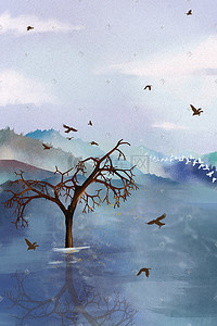 喷壶水雾插画图片_蓝紫色中国风水墨山水